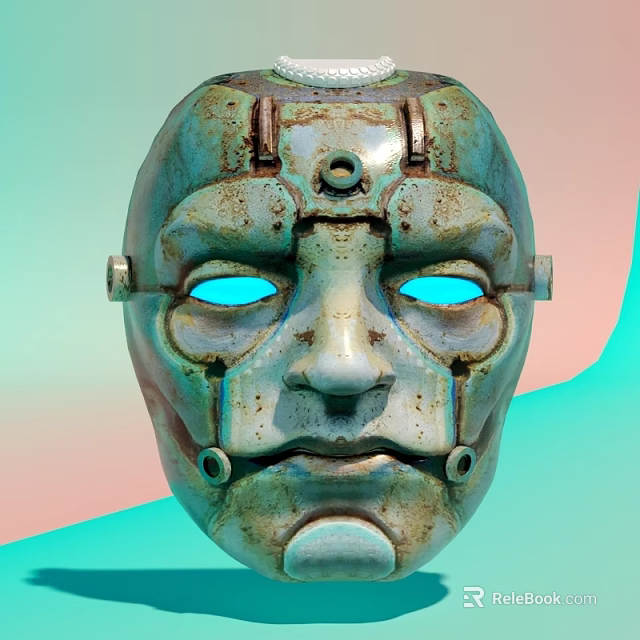 Man Wearing Rusty Metallic Mask With Blue Eyes On Gradient Background 3d model 