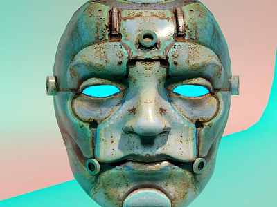 Man Wearing Rusty Metallic Mask With Blue Eyes On Gradient Background 3d model