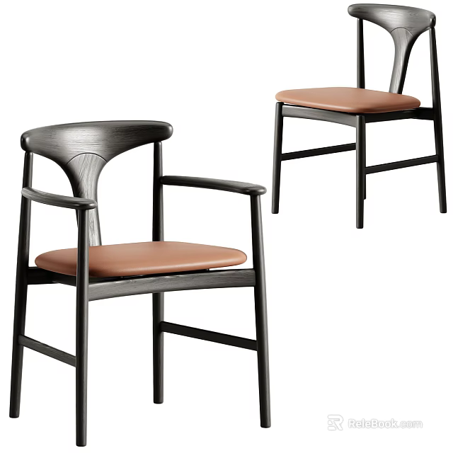 Modern Leisure Chairs With Black Wooden Frame And Brown Leather Seat 3d model 