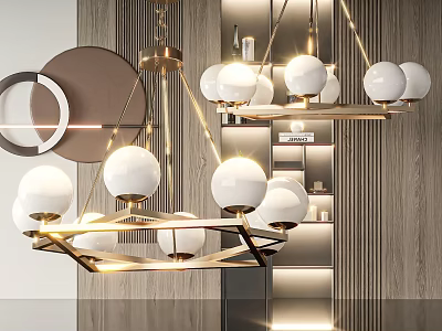 Modern Elegant Interior Design With Gold Frame Chandelier And White Globe Bulbs 3d model
