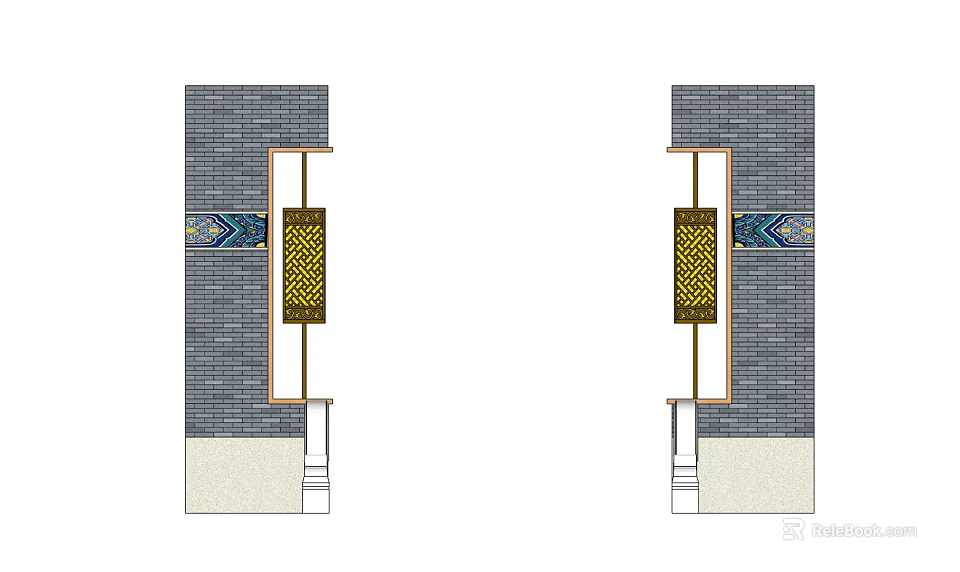 Symmetrical Feature Wall Design With Gray Brick Yellow Grille And Colorful Mosaic Strip 3d model 