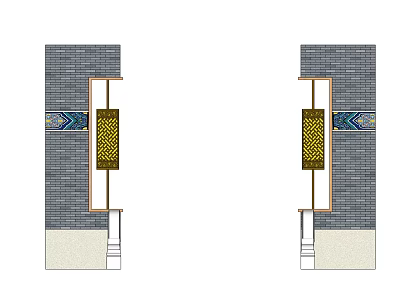 Symmetrical Feature Wall Design With Gray Brick Yellow Grille And Colorful Mosaic Strip 3d model