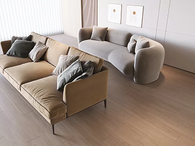 Modern Beige Multi Seater Sofa with Pillows in Living Room with Curved Sofa and Artworks 3d model