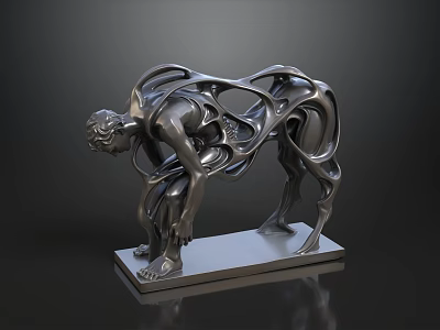 Abstract Human Form Metal Sculpture with Intricate Twisted Lines on Square Base 3d model