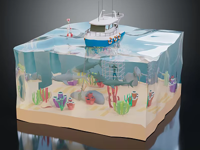 Cartoon Ocean Scene Transparent Cube with Above Water Boat Buoy and Underwater Shark Corals Diver Fish 3d model