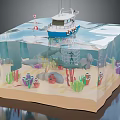 Cartoon Ocean Scene Transparent Cube with Above Water Boat Buoy and Underwater Shark Corals Diver Fish