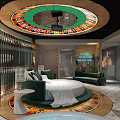 Hotel Room With Starry Ceiling Roulette Wheel Green Sofas And Large Screen TVs