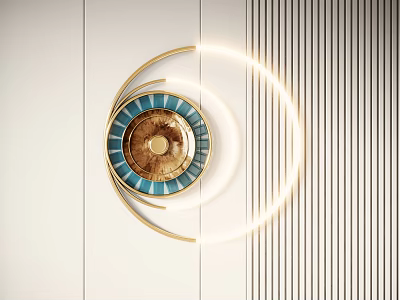 Circular Wall Decor With Golden Frame Blue Brown Details Illuminated Ring On White Wall 3d model