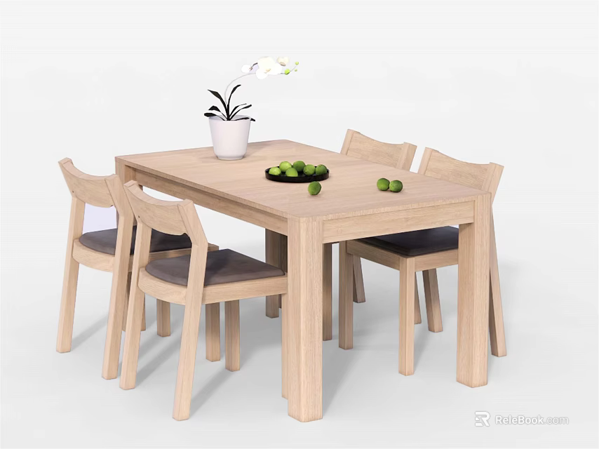 Wooden Dining Table Set With Four Chairs White Flower Pot Green Fruits And Black Plate 3d model 