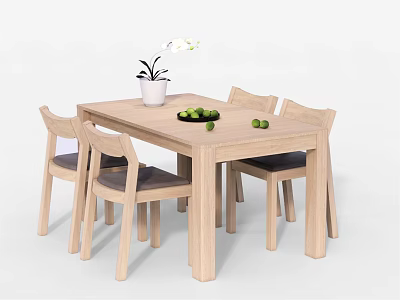 Wooden Dining Table Set With Four Chairs White Flower Pot Green Fruits And Black Plate 3d model