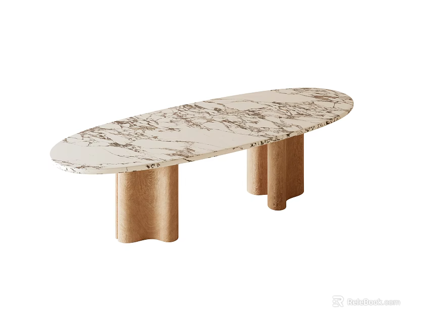 Elegant Oval Dining Table With Marble Top And Brass Cylindrical Legs 3d model 