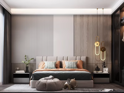 Modern Bedroom Interior With Wooden Wall Panels Upholstered Headboard Pendant Lights And Nightstands 3d model