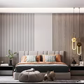 Modern Bedroom Interior With Wooden Wall Panels Upholstered Headboard Pendant Lights And Nightstands
