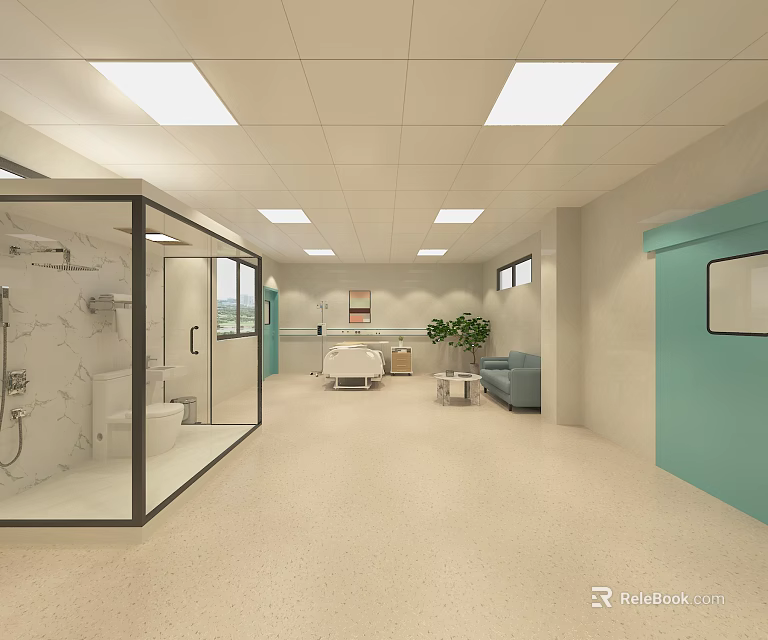 Modern Hospital Patient Room With Glass Partition Sofa Potted Plant And Ceiling Lights 3d model 