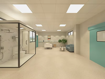 Modern Hospital Patient Room With Glass Partition Sofa Potted Plant And Ceiling Lights 3d model