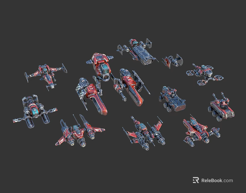 Assorted Red And Black Mechanical Models With Diverse Robot And Vehicle Designs 3d model