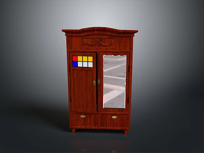 Classic Mahogany Wooden Cabinet Featuring Stained Glass Window And Glass Door Drawers 3d model