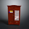 Classic Mahogany Wooden Cabinet Featuring Stained Glass Window And Glass Door Drawers