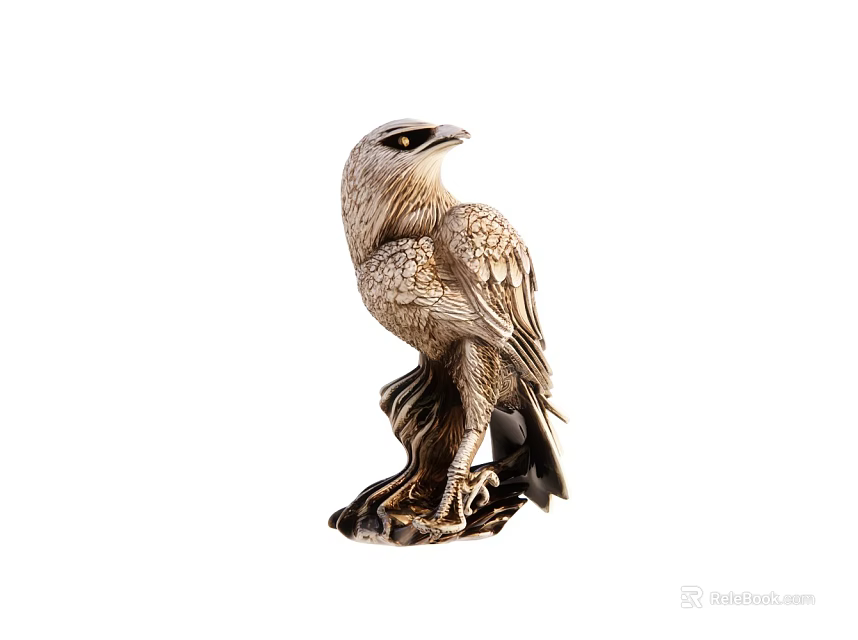 Hand Carved Eagle Sculpture In Standing Pose With Detailed Feather Texture And Base 3d model 