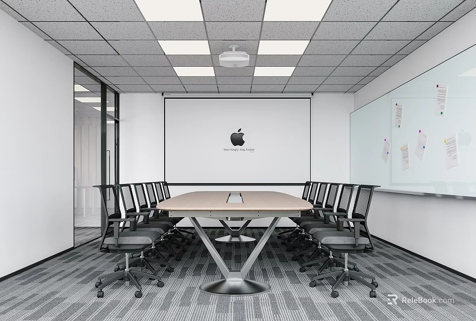 Conference Room Interior With Long Table Black Chairs Large Screen Apple Logo And Whiteboard Notes 3d model 