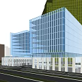 Modern Office Building With Glass Curtain Wall Pedestrians And Greenery In Urban Plaza
