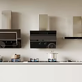 Three Modern Kitchen Range Hoods With Stovetops And Cooking Pots