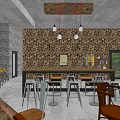 Modern Cafe With Large Windows Green View Long Wooden Table Metal Stools Hanging Lights