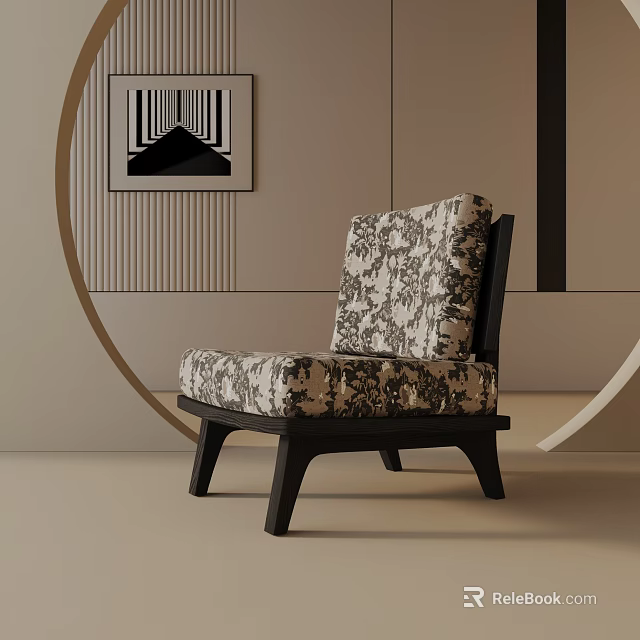 Modern Lounge Chair With Floral Pattern Fabric And Dark Wooden Frame In Minimalist Interior 3d model 