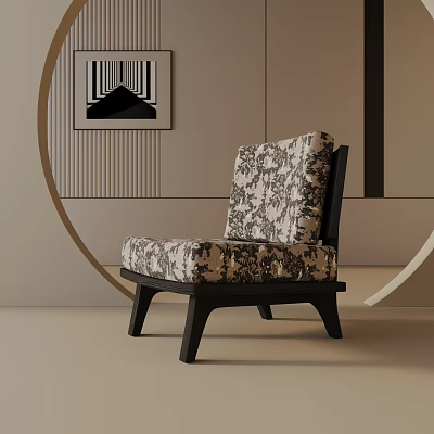 Modern Lounge Chair With Floral Pattern Fabric And Dark Wooden Frame In Minimalist Interior 3d model