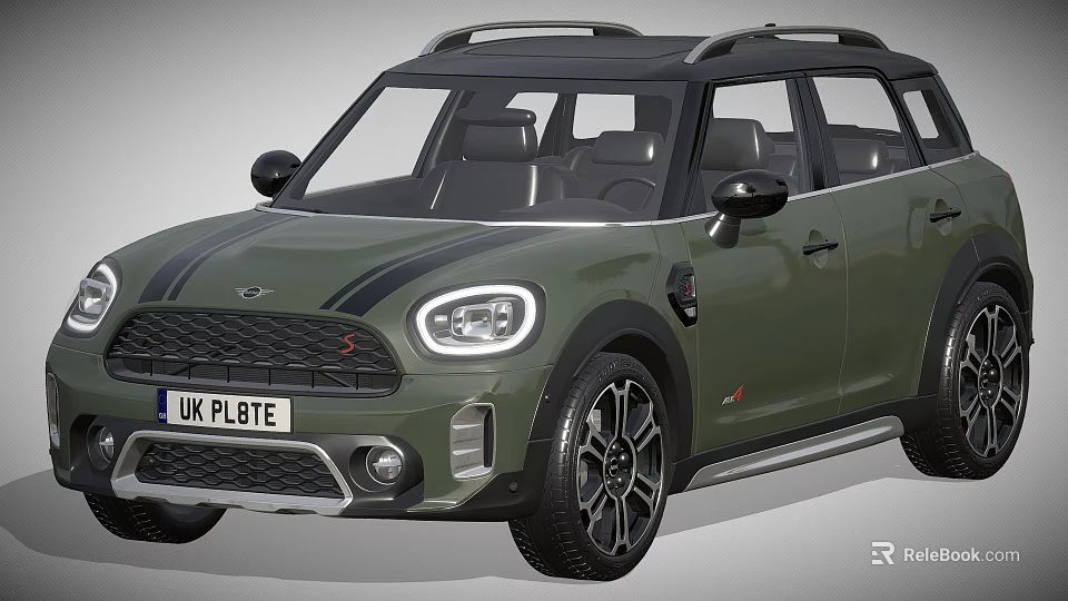 Olive Green Mini Countryman SUV With Black Roof Stripes UK License Plate And Black Wheels 3d model 