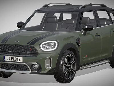 Olive Green Mini Countryman SUV With Black Roof Stripes UK License Plate And Black Wheels 3d model