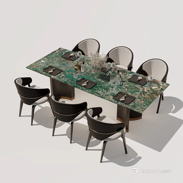 Modern Elegant Dining Table Set With Green Marble Top And Six Black And White Chairs 3d model 