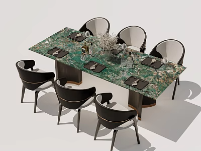 Modern Elegant Dining Table Set With Green Marble Top And Six Black And White Chairs 3d model