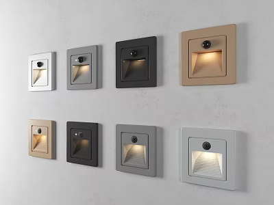 Modern Recessed Wall Lights With Square Design In Different Colors On Light Gray Wall 3d model