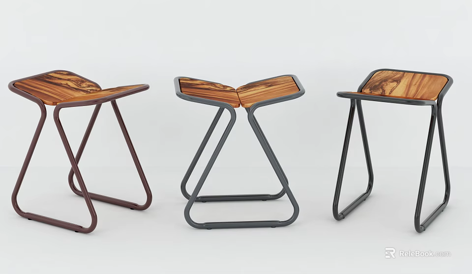 Modern Wooden Stools With Metal Frames In Various Colors And Sleek Modern Design 3d model 