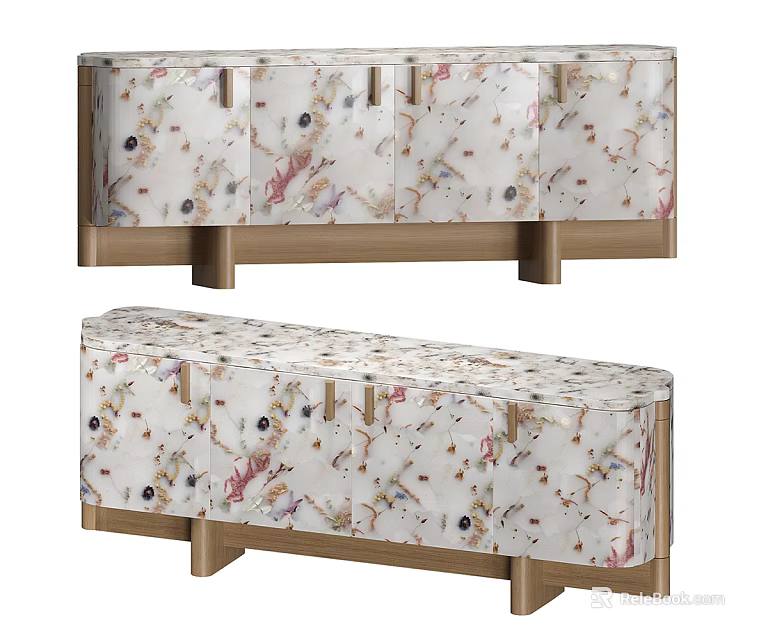 Elegant Modern Sideboard With Patterned Marble Cabinet Doors And Wooden Legs 3d model