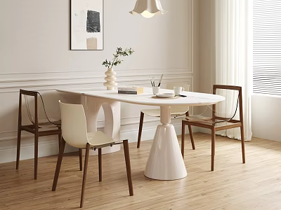 Minimalist White Dining Table Set With Cylindrical Base And Light Wooden Chairs In Bright Room 3d model