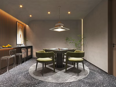 Modern Hotel Mahjong Room With Round Table Green Chairs Pendant Lighting And Decorative Painting 3d model