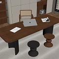 Modern Wooden Desk with Laptop Open Magazine and Papers and Two Stools in Bright Room