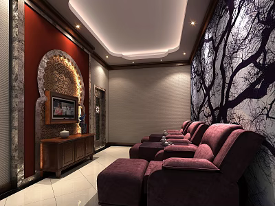 Luxury Home Theater Room With Purple Recliner Sofas Tree Branch Mural And TV Stand 3d model