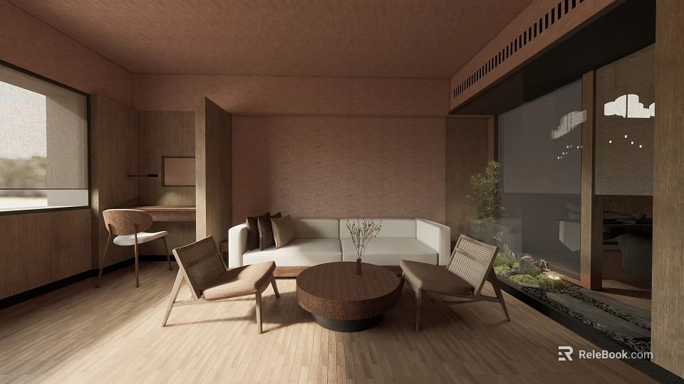 Hotel Room Interior With Cozy Sofa Wooden Chairs And Round Coffee Table 3d model 