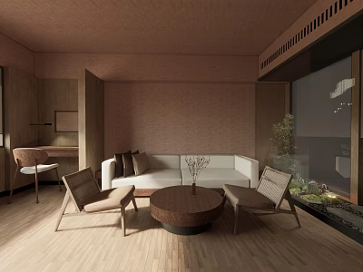 Hotel Room Interior With Cozy Sofa Wooden Chairs And Round Coffee Table 3d model