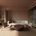 Hotel Room Interior With Cozy Sofa Wooden Chairs And Round Coffee Table