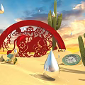 Cartoon Night Scene Featuring Red Arch White Patterns Blue Flames Cacti Circular Puddles on Sand