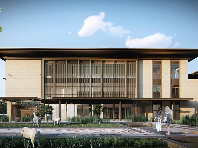 Modern Hotel Building With Large Glass Windows Light Colored Exterior Courtyard And Greenery 3d model