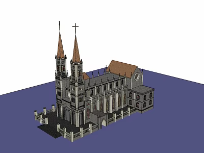 Historic Church Architecture with Twin Spire Towers Red Roof and Arched Windows 3d model