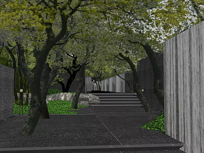 Tranquil Garden Landscape With Green Trees Stone Path Steps And Gray Walls 3d model