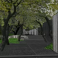 Tranquil Garden Landscape With Green Trees Stone Path Steps And Gray Walls