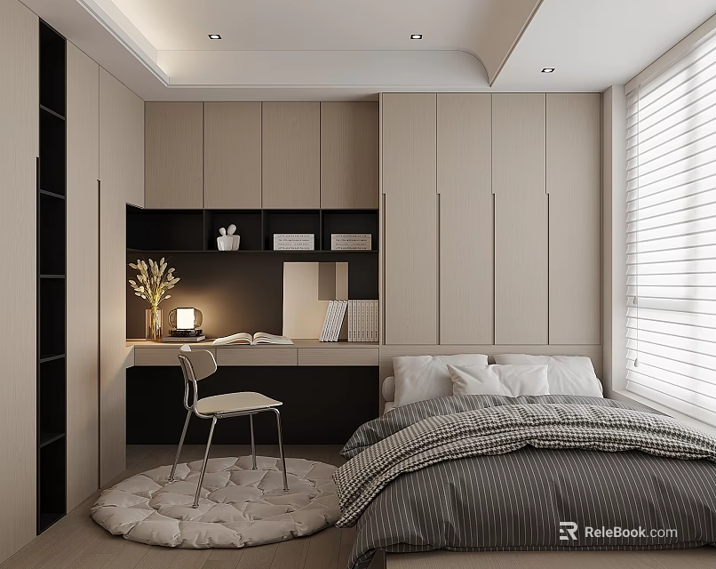 Modern Tatami Bedroom Interior With Bed Desk Chair Storage Cabinets And Window 3d model 