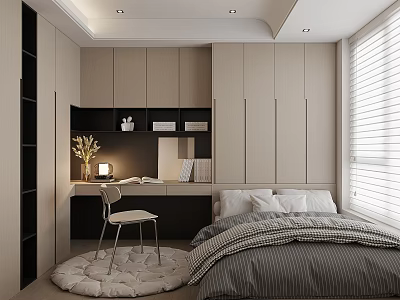 Modern Tatami Bedroom Interior With Bed Desk Chair Storage Cabinets And Window 3d model